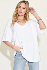 V-Neck Drop Shoulder T-Shirt-Bae Full size Bamboo